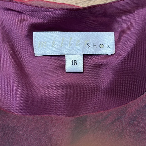Miller Shor burgundy color shiny silk slip on dress with layered ruffles. - Picture 8 of 9